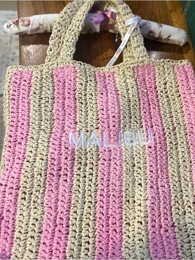 Malibu Pink and Cream Striped Crochet Tote